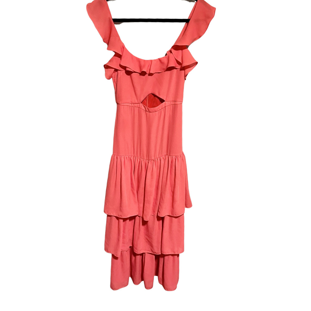 LIKELY Rosie Dress Ruffle Tiered Midi Dress Crepe Cut Out Dress Coral Pink